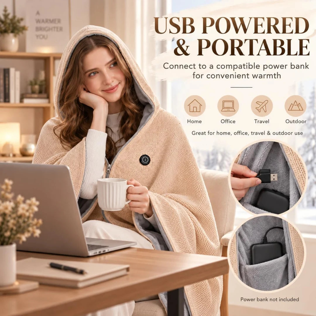 Wearable Heated Poncho Blanket – 3 Heat Levels, USB Power Bank Ready | FREE SHIPPING