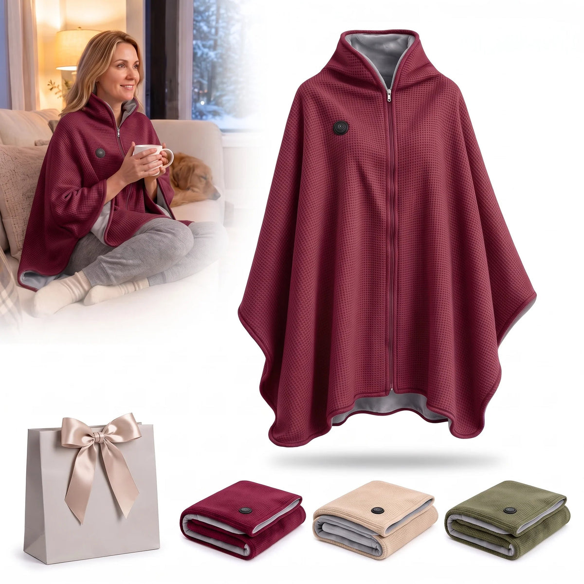 Wearable Heated Poncho Blanket – 3 Heat Levels, USB Power Bank Ready | FREE SHIPPING