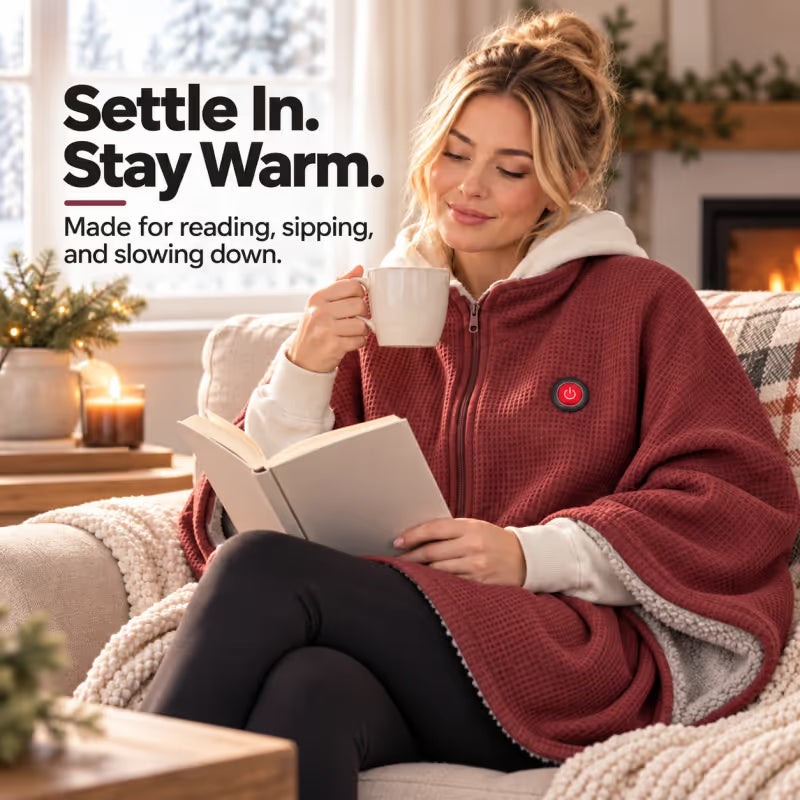 Wearable Heated Poncho Blanket – 3 Heat Levels, USB Power Bank Ready | FREE SHIPPING