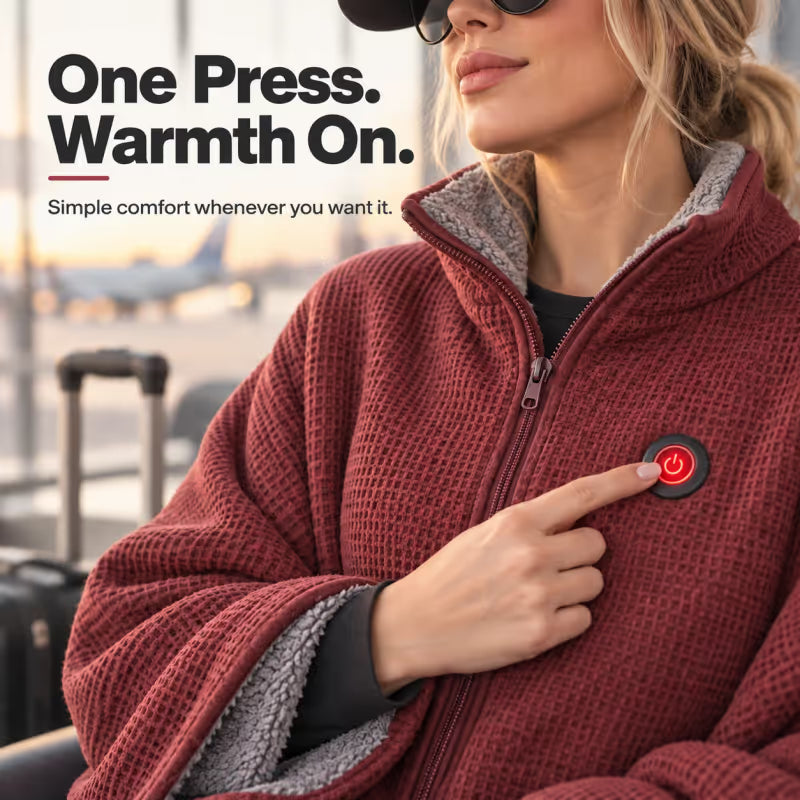 Wearable Heated Poncho Blanket – 3 Heat Levels, USB Power Bank Ready | FREE SHIPPING
