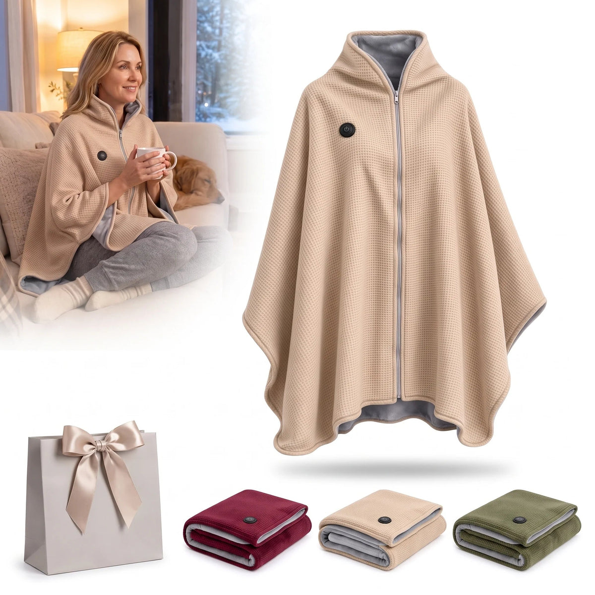 Wearable Heated Poncho Blanket – 3 Heat Levels, USB Power Bank Ready | FREE SHIPPING