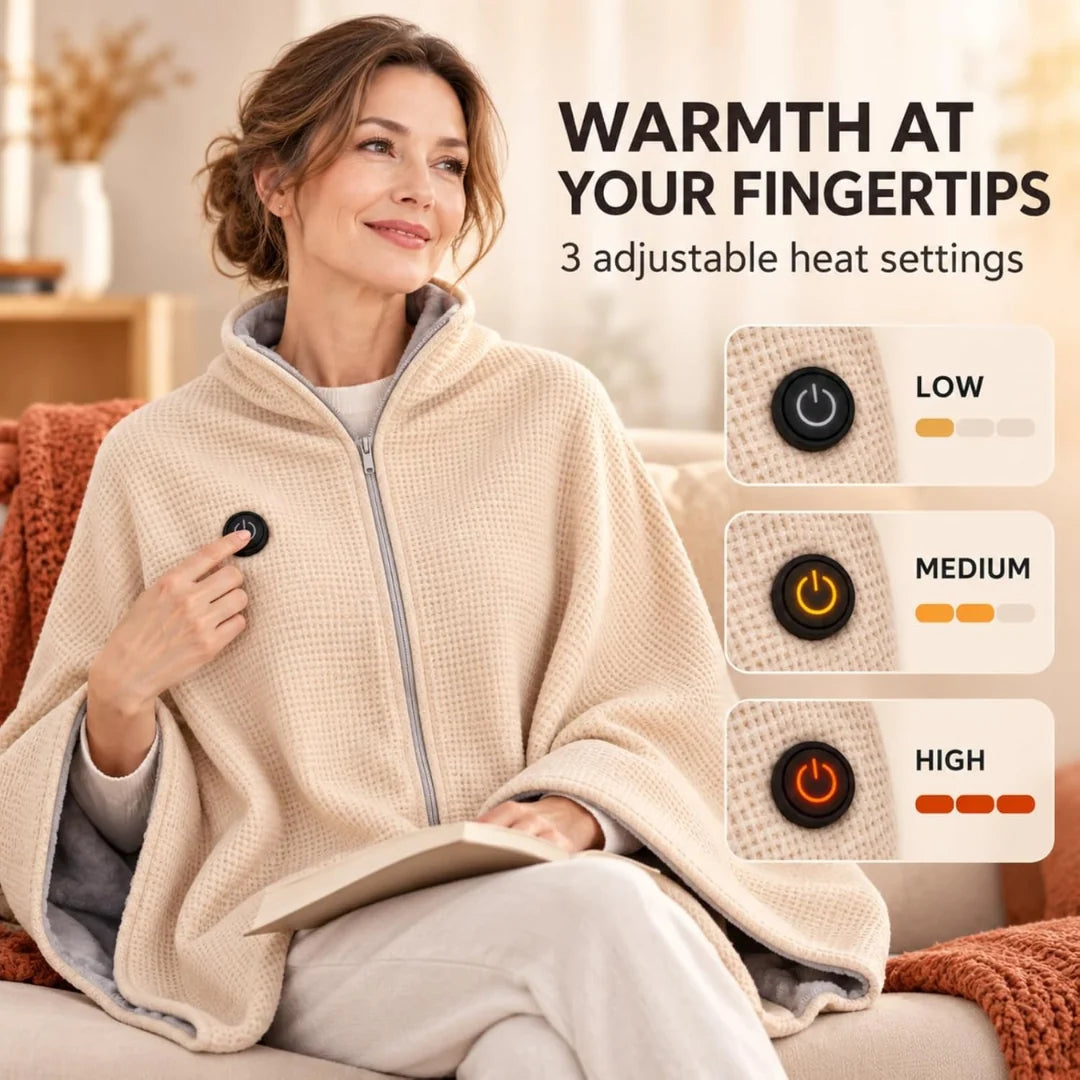 Wearable Heated Poncho Blanket – 3 Heat Levels, USB Power Bank Ready | FREE SHIPPING