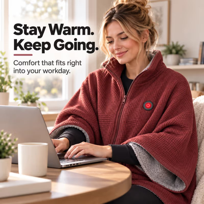 Wearable Heated Poncho Blanket – 3 Heat Levels, USB Power Bank Ready | FREE SHIPPING