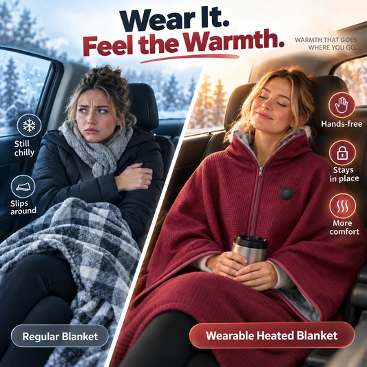 Wearable Heated Poncho Blanket – 3 Heat Levels, USB Power Bank Ready | FREE SHIPPING